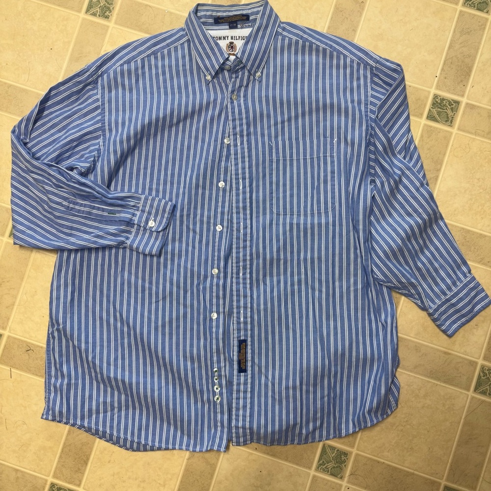 Tommy Hilfiger Men's Blue and White Striped Shirt